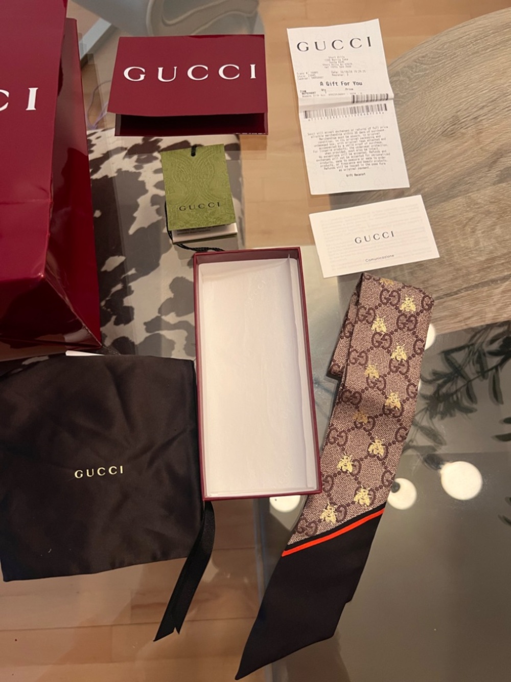 Authentic Gucci GG Bees Silk Monogram Neck Bow Scarf